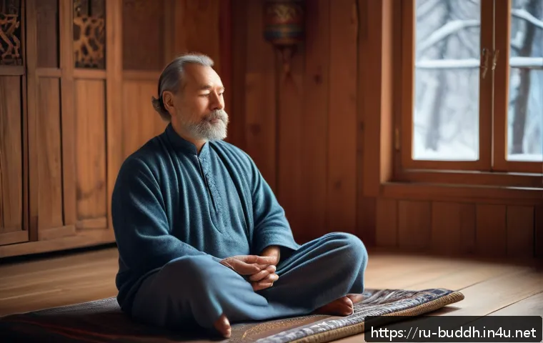 위빠사나 명상 - A serene indoor meditation scene featuring a middle-aged Russian man sitting comfortably on a cushio...