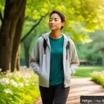 Home 21 불교의 지혜 이야기 - A serene park scene in early morning light featuring a young adult practicing mindfulness during a p...