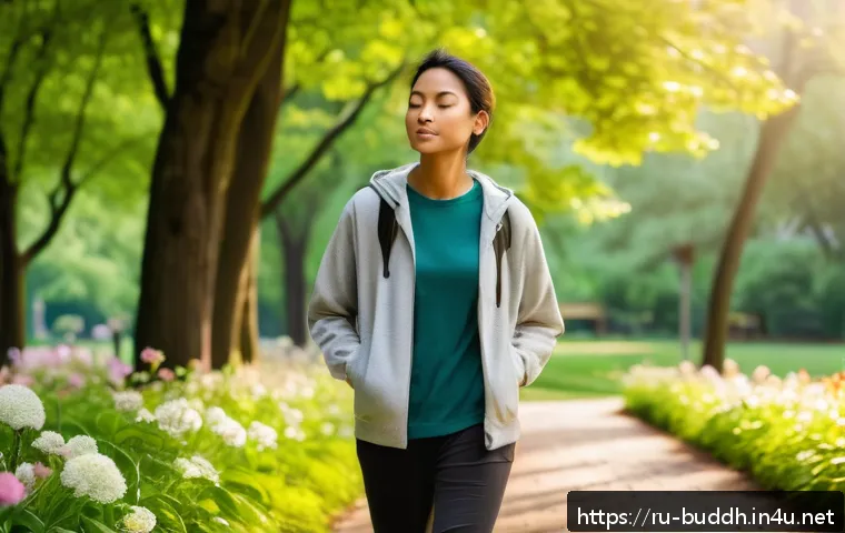 불교의 지혜 이야기 - A serene park scene in early morning light featuring a young adult practicing mindfulness during a p...
