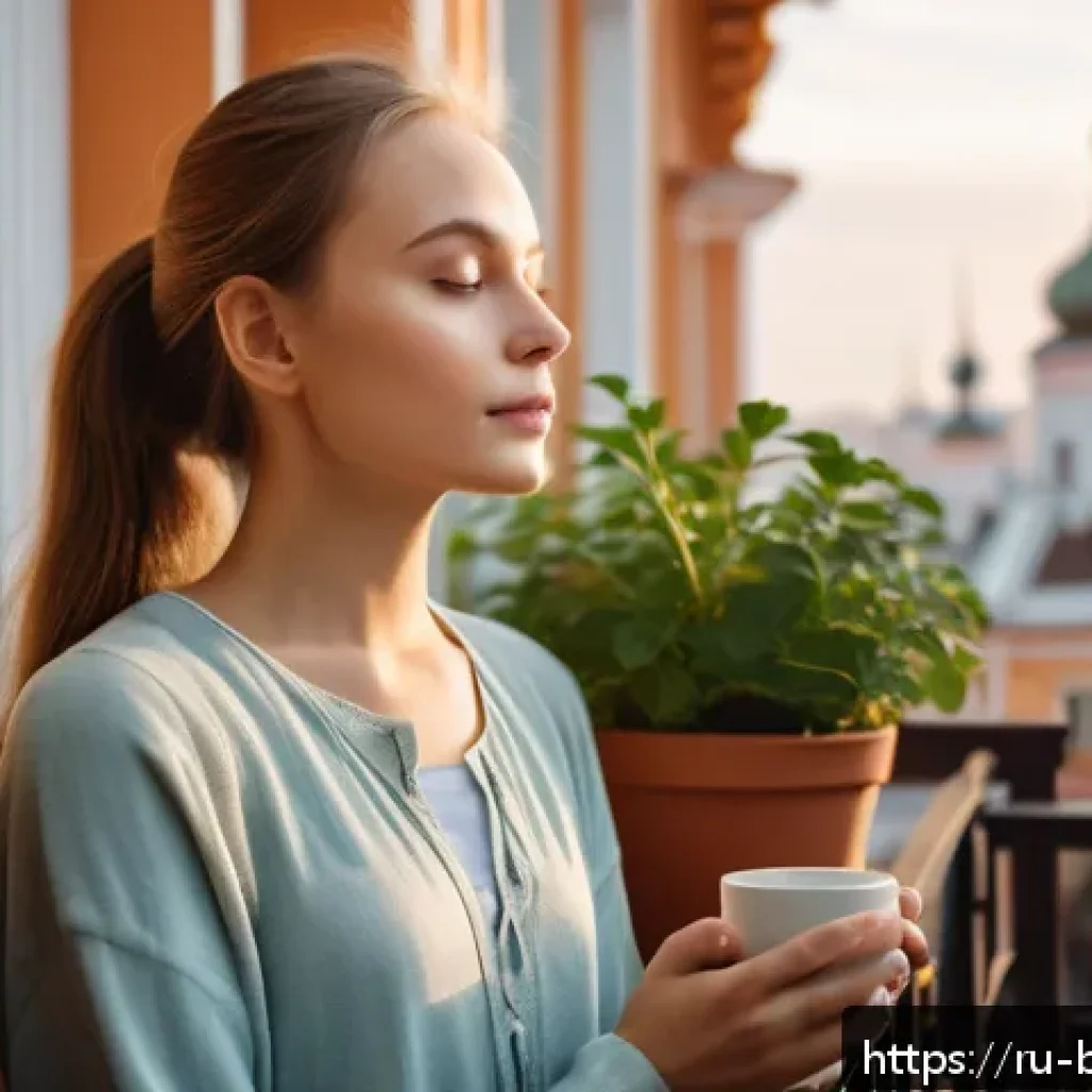 불교의 단순성 - A serene morning scene of a young Russian woman practicing mindfulness meditation on a quiet balcony...