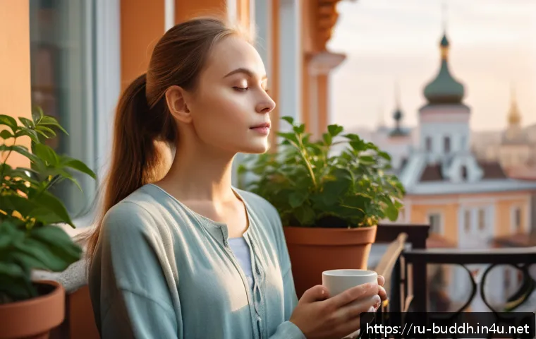 불교의 단순성 - A serene morning scene of a young Russian woman practicing mindfulness meditation on a quiet balcony...