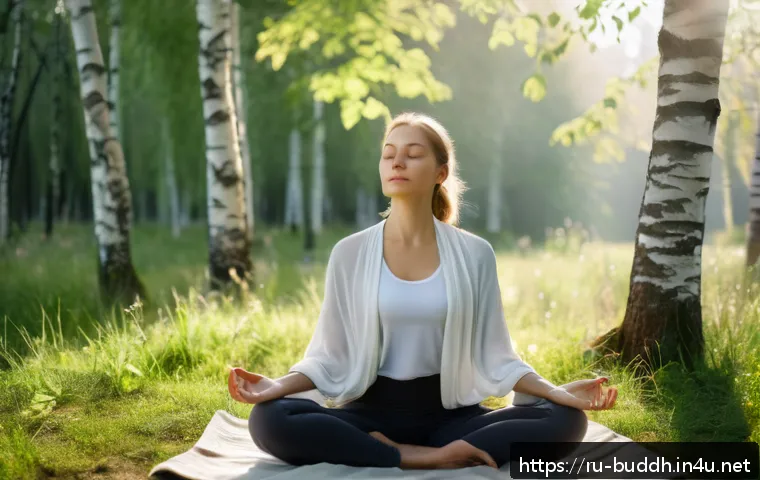 불교에서의 내적 여정 - A serene scene of a young Russian woman practicing mindful breathing outdoors in a peaceful park dur...