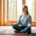 Home 18 불교에서의 긍정심리학 - A serene scene of a young Russian woman practicing mindfulness meditation in a cozy, sunlit room ado...