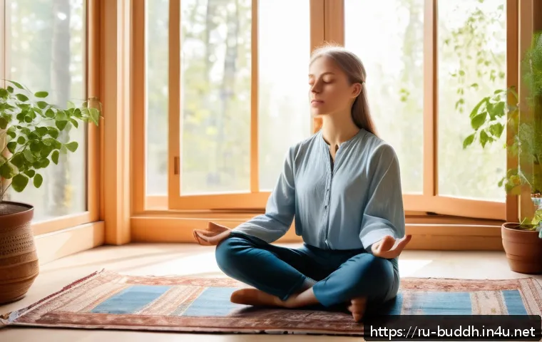 불교에서의 긍정심리학 - A serene scene of a young Russian woman practicing mindfulness meditation in a cozy, sunlit room ado...