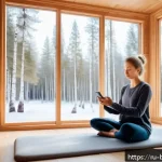 Home 23 불교에서의 혁신적 접근 - A serene modern meditation room featuring a young Russian woman wearing comfortable casual clothing ...