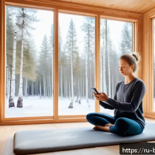 Home 17 불교에서의 혁신적 접근 - A serene modern meditation room featuring a young Russian woman wearing comfortable casual clothing ...