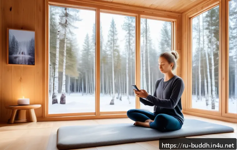 불교에서의 혁신적 접근 - A serene modern meditation room featuring a young Russian woman wearing comfortable casual clothing ...