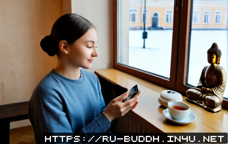 Home 17 불교와 SNS - Photorealistic scene of a young Russian Buddhist woman in modest everyday clothing sitting beside a ...