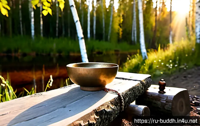 Home 17 불교와 자연 - Photorealistic serene Buddhist meditation scene in a Russian birch forest at early morning, a modest...