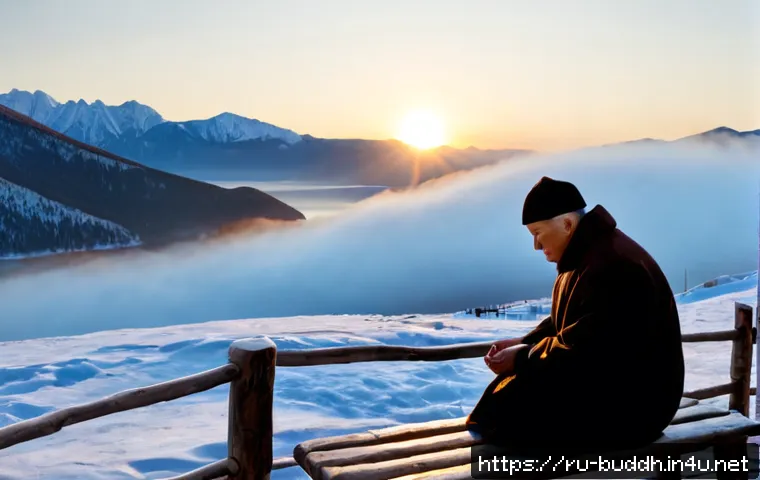 불교의 깨달음 과정 - Photorealistic sunrise at a traditional Buryat Buddhist datsan near Lake Baikal, a middle-aged Russi...