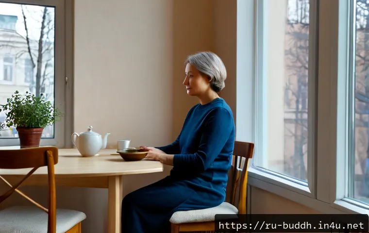 불교의 현실적 적용 - Photorealistic early morning scene in a modest Moscow apartment, a middle-aged Russian woman calmly ...